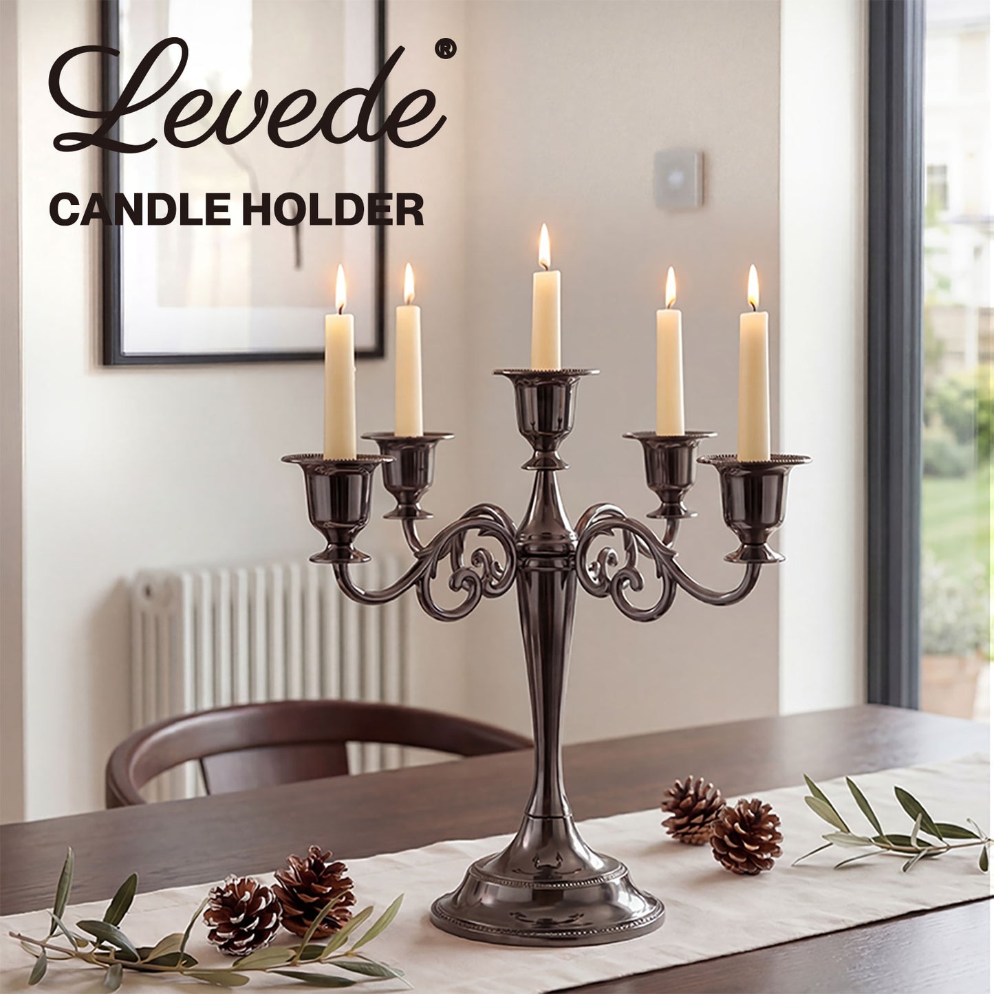 Levede Candle Holder 5 Arm Metal Candelabra Black Candlestick Stand Centerpiece