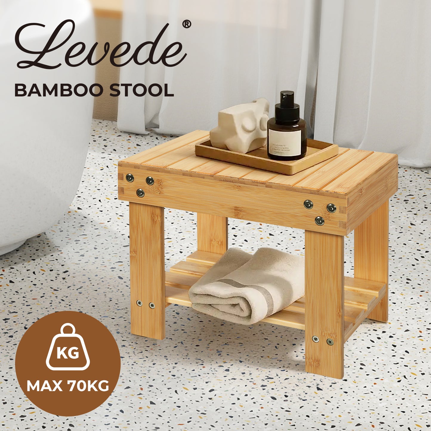 Levede Step Stool Seat Bamboo Multi Purpose with Storage Shelf Home Shop Kids