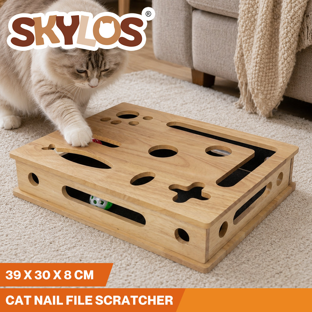 Skylos Cat Nail File Scratcher Large Solid Wood with Toy Balls for Indoor Cats