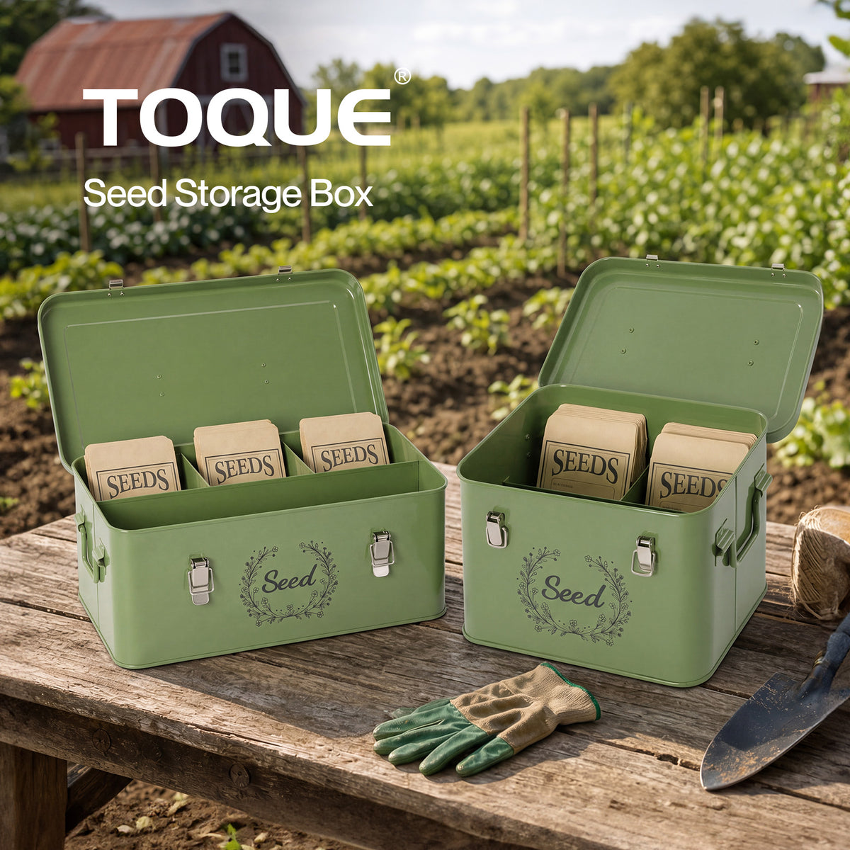 TOQUE Seed Storage Box Organiser Compartment Metal Seed Storage Green