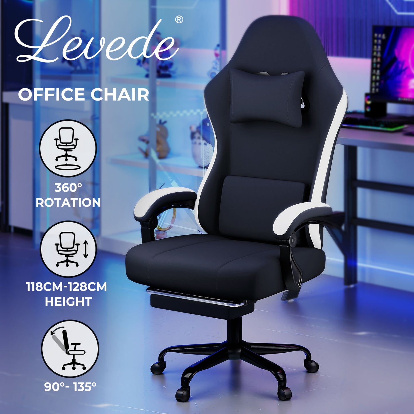 Levede Office Desk Chair Fabric Gaming Recliner Adjustable Height Swivel Black
