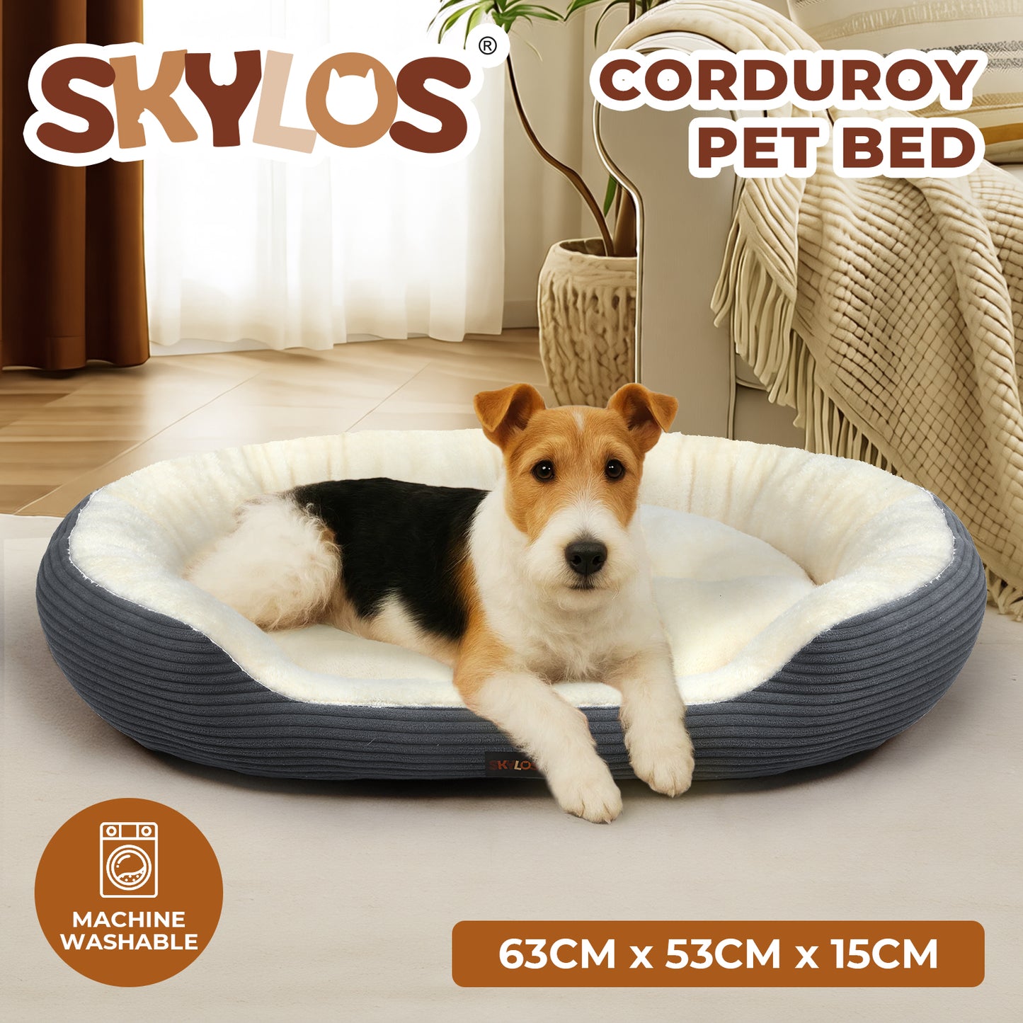 Skylos Dog Bed Luxury Soft Washable Puppy Cat Cushion Mattress Corduroy Grey M