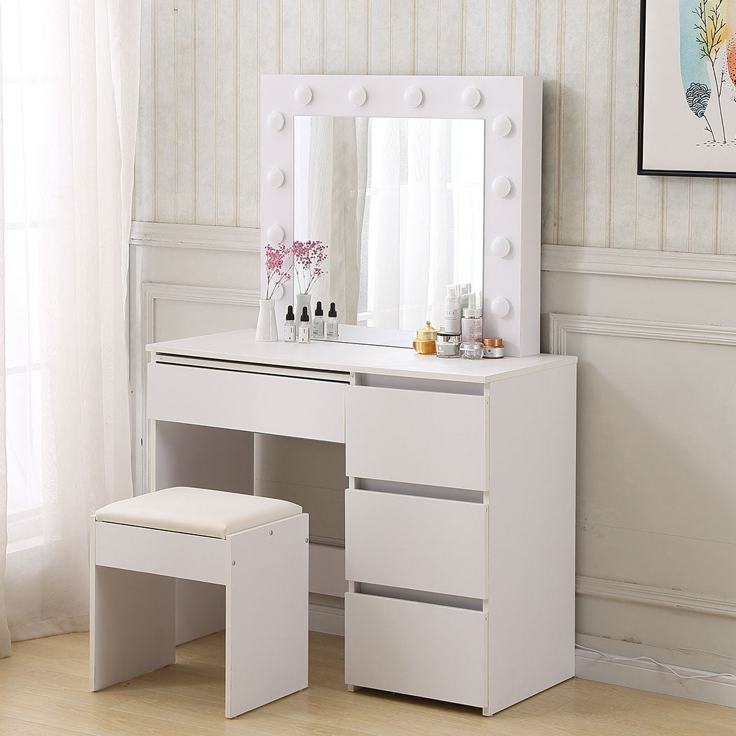 Levede Vanity Makeup Dressing Table White with Led  Light Mirror Drawer PU Stool