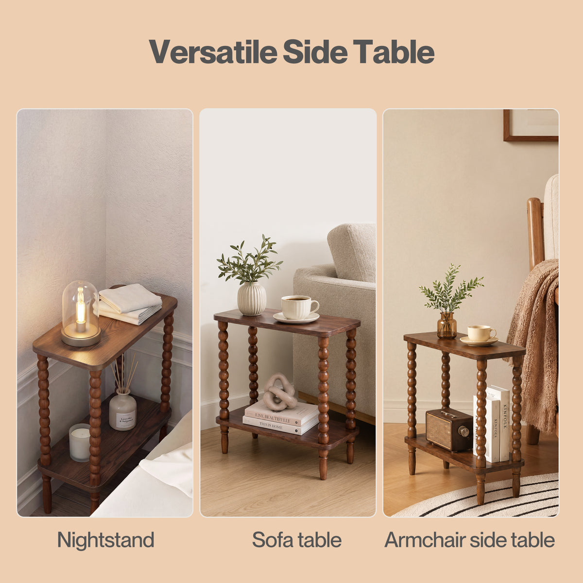 Levede Narrow Side Table 2 Tier Storage MDF End Table Rubber Wood Legs Brown