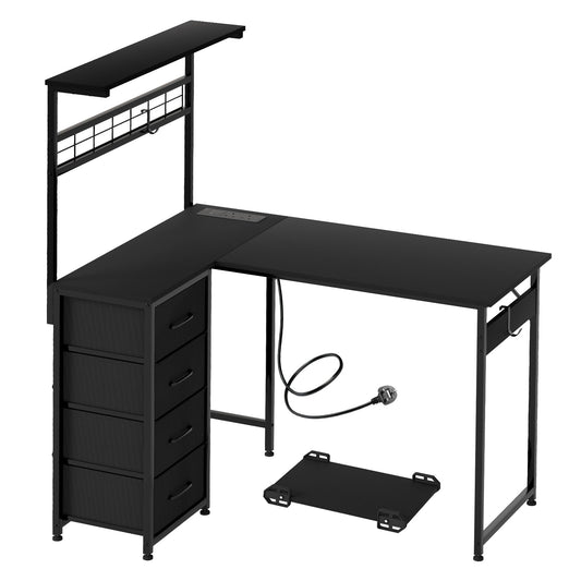 Levede L Shaped Gaming Desk with Led Light Storage Drawers Coner Computer Table