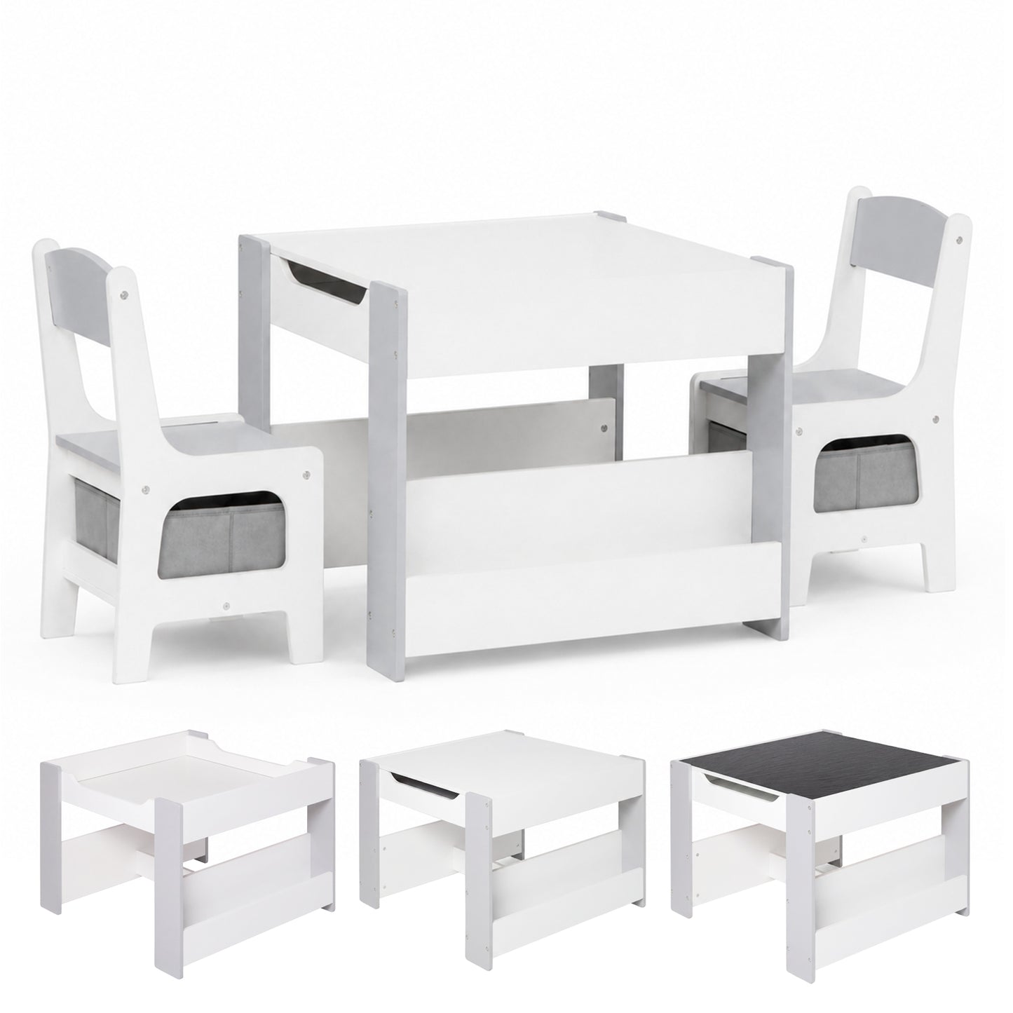 Dekko Kids Table and Chairs Set 2-in-1 Flip Top Storage Activity Play Study Grey