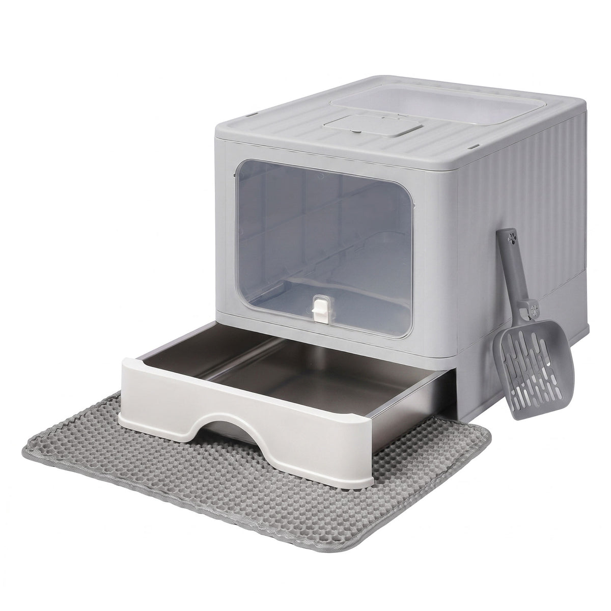 Skylos Cat Litter Box Stainless Steel Enclosed Drawer Odor Control Foldable Grey