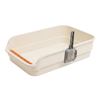Skylos Cat Litter Tray Spacious High Sided Low Entry Open Pan for Cats Beige