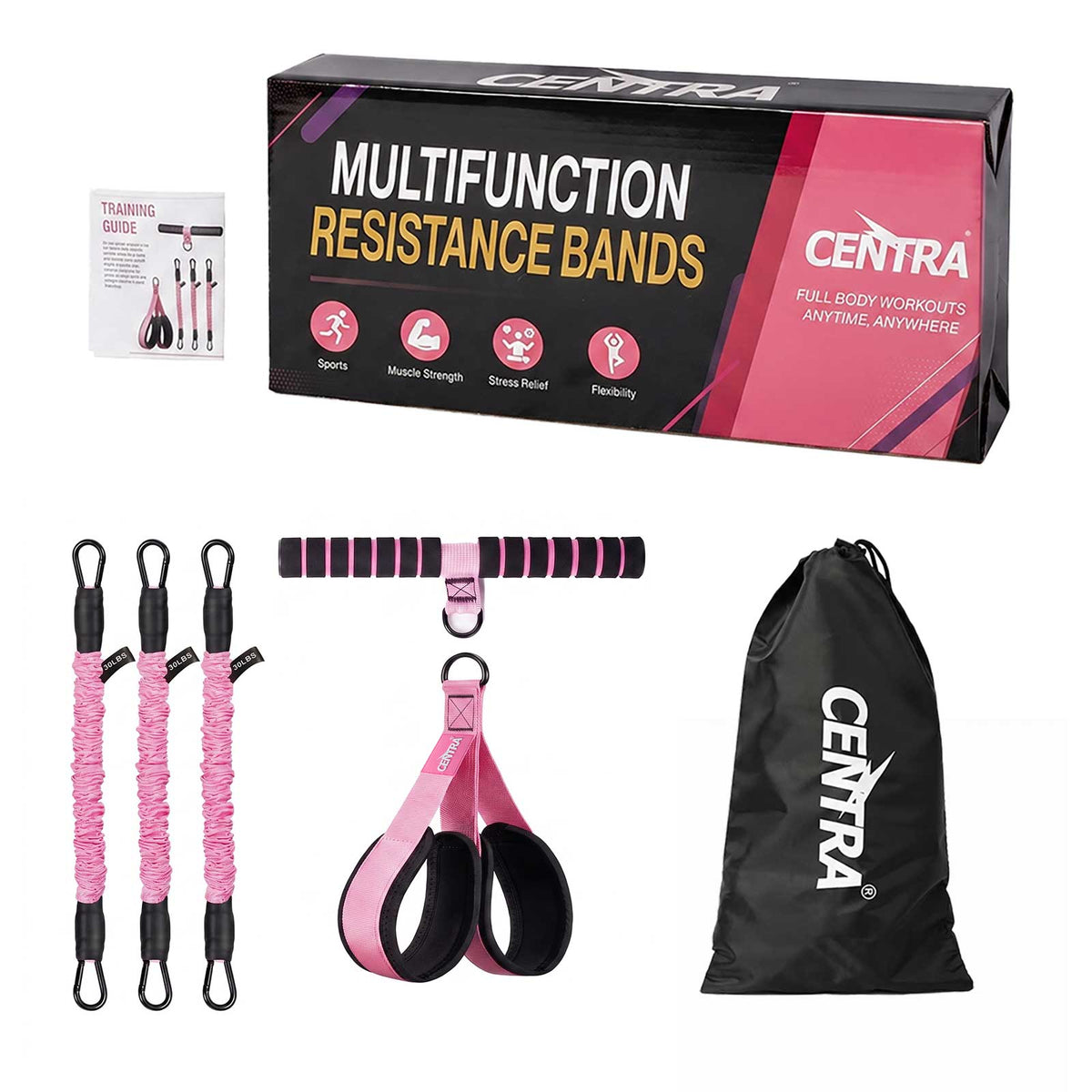 Centra Resistance Bands Set Foot Pedal 3 Tube Adjustable for Home Workout Pink