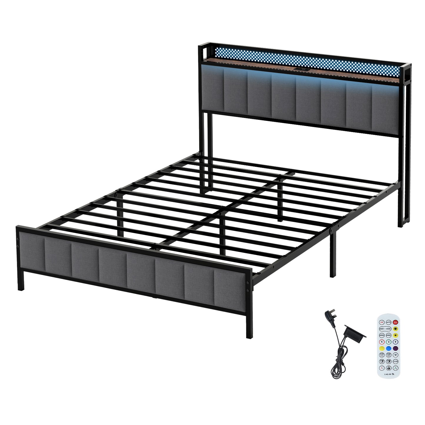 Levede Small Double Bed Frame Metal Platform LED Headboard Charging Station Grey