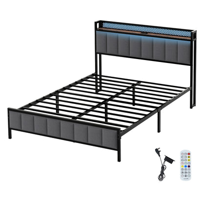 Levede Small Double Bed Frame Metal Platform LED Headboard Charging Station Grey