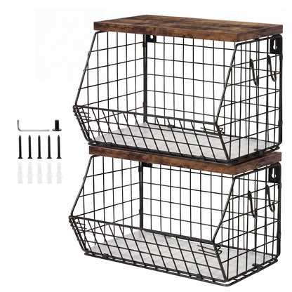 Toque Fruit Snack Storage Basket 2PCS Stackable Wall Mounted Kitchen Wood Lid