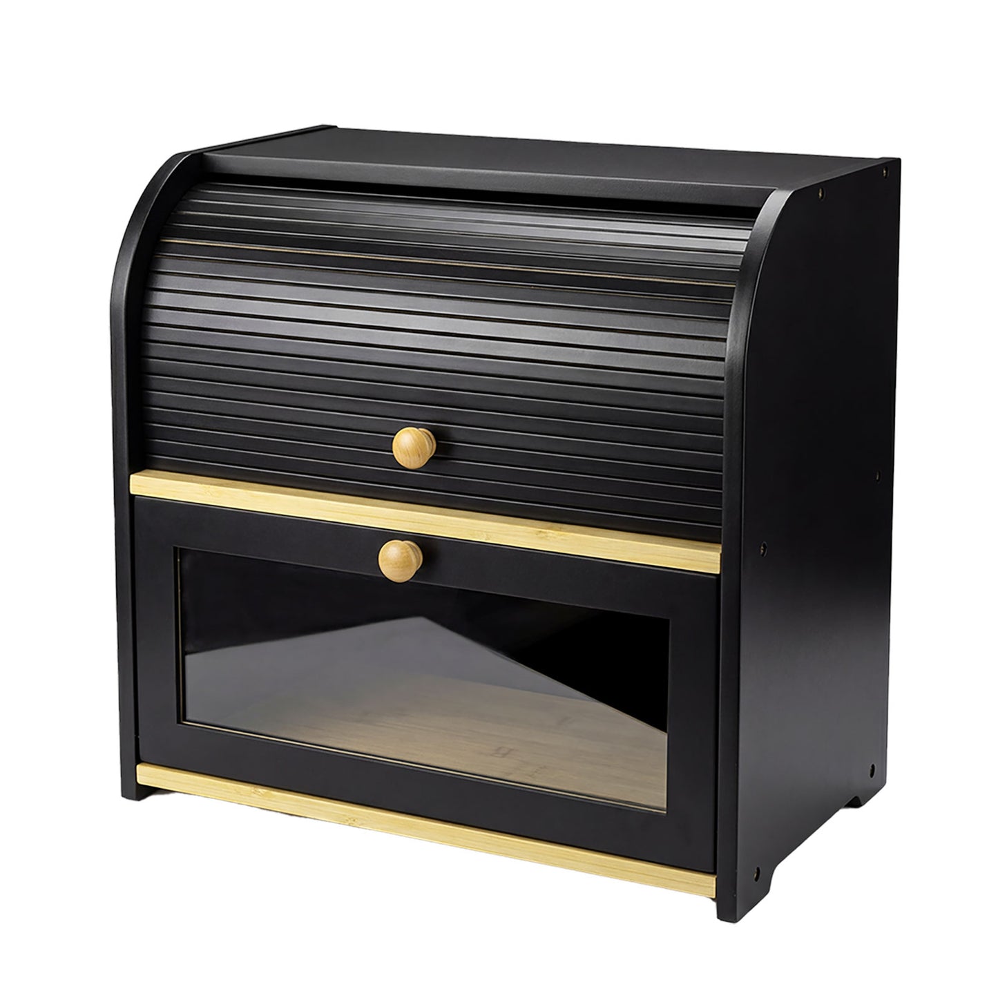 Bread Box  2-Tier Large Capacity Roll Top  Black Bamboo  Acrylic Door