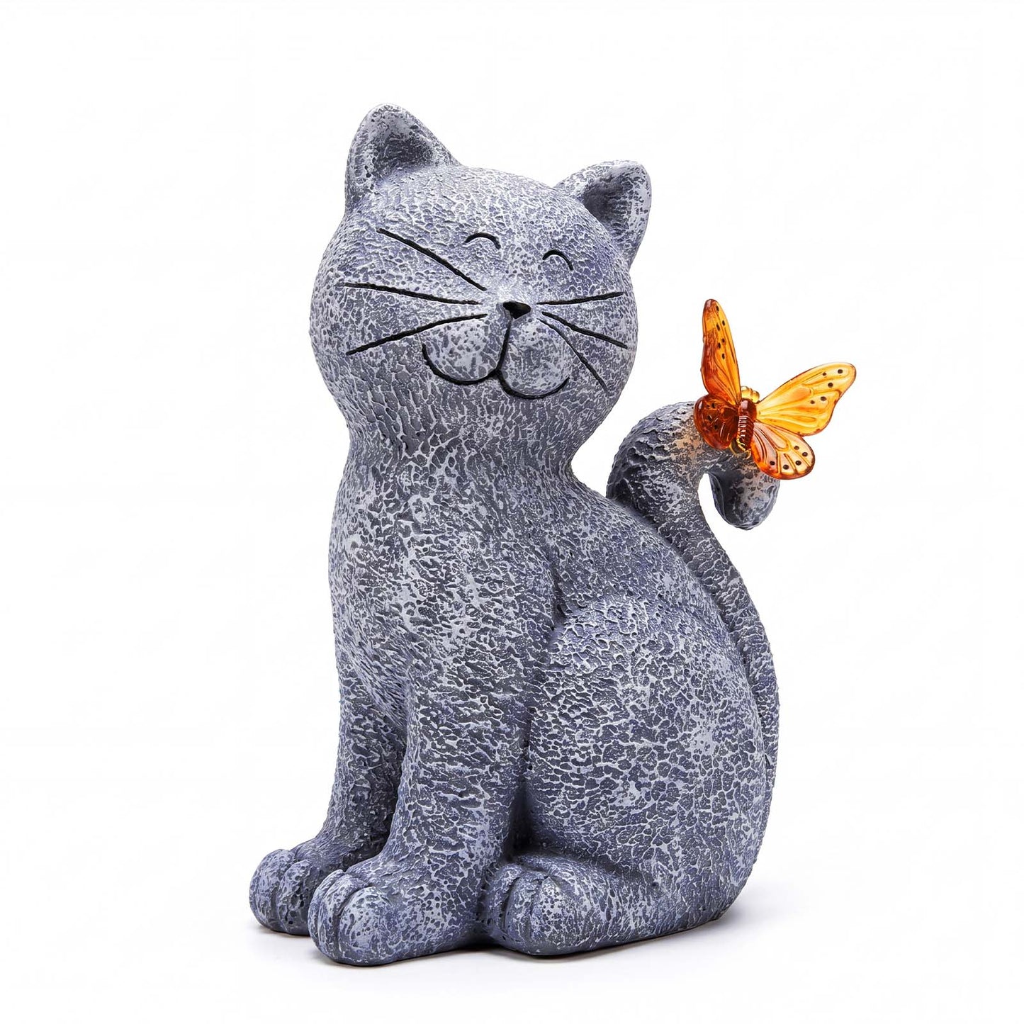 Emitto Cat Garden Ornaments Outdoor Resin Gray Orange Solar LED Decor