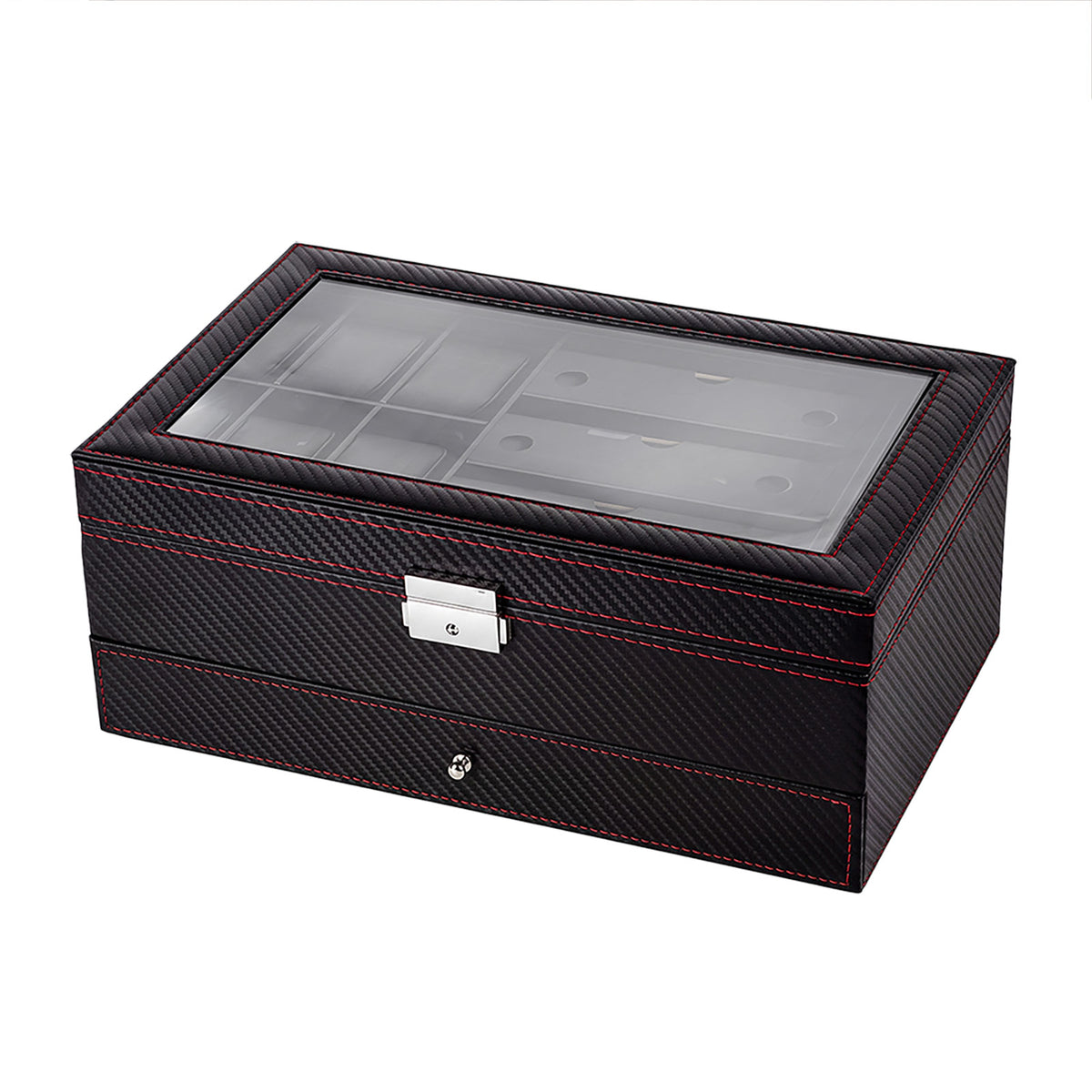 Watch Box Watch Storage Jewelry Box 2 Layer Glass Lid Lockable Display Black