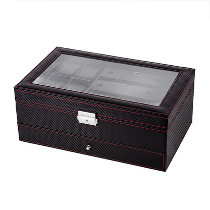 Watch Box Watch Storage Jewelry Box 2 Layer Glass Lid Lockable Display Black