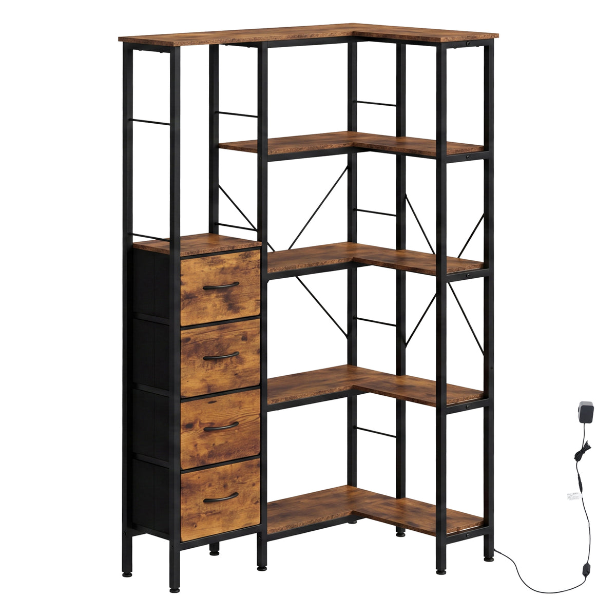 Levede Corner Bookcase with 4 Fabric Drawers & LED Light 5 Tier Bedroom Rustic