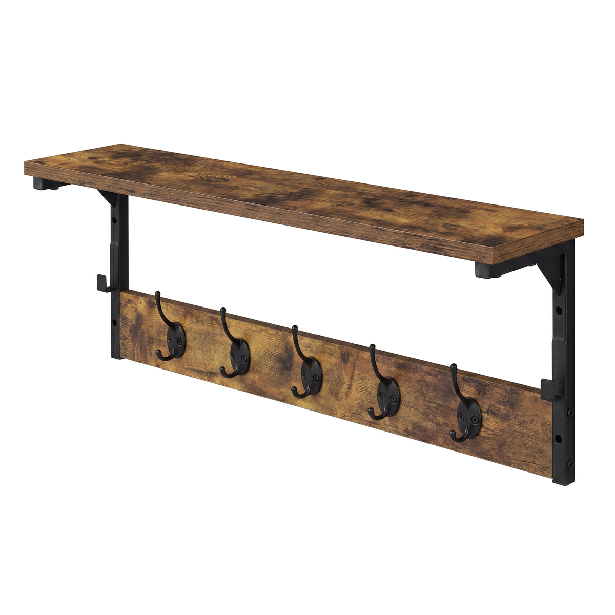 Levede Coat Rack Wall Mounted Shelf 7 Hooks Heavy Duty Entryway Storage Brown