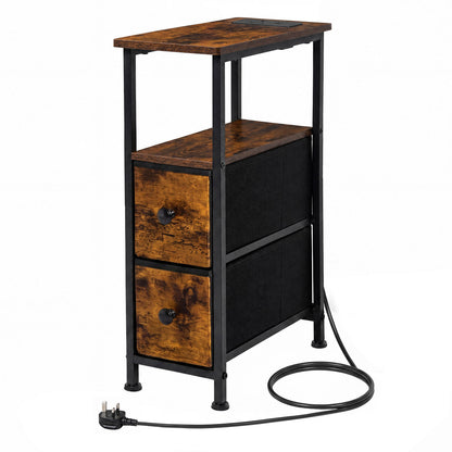 Levede Bedside Table Narrow Side Table with LED Charging Station Storage Brown