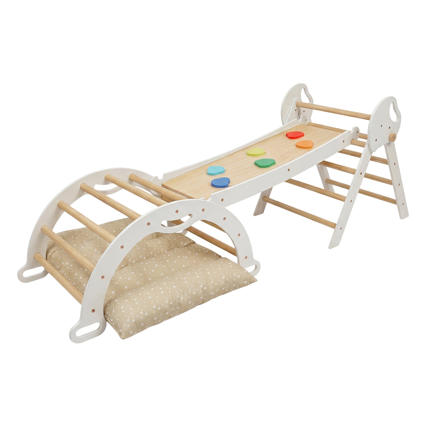 DEKKO 8 in 1 Triangle Climbing Set Kids Wooden Climber with Arch Slide White
