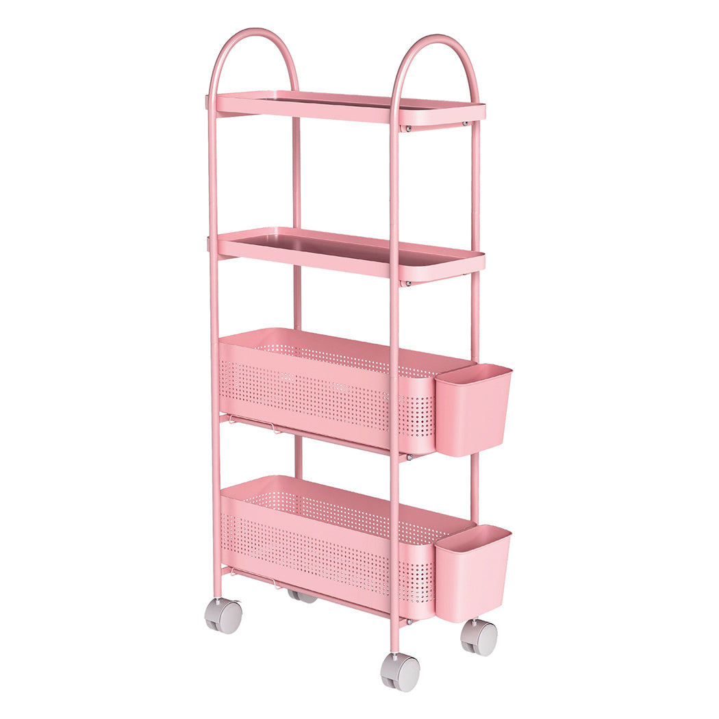Levede 4 Tier Kitchen Storage Trolley Cart on Wheels for Narrow Space Metal Pink