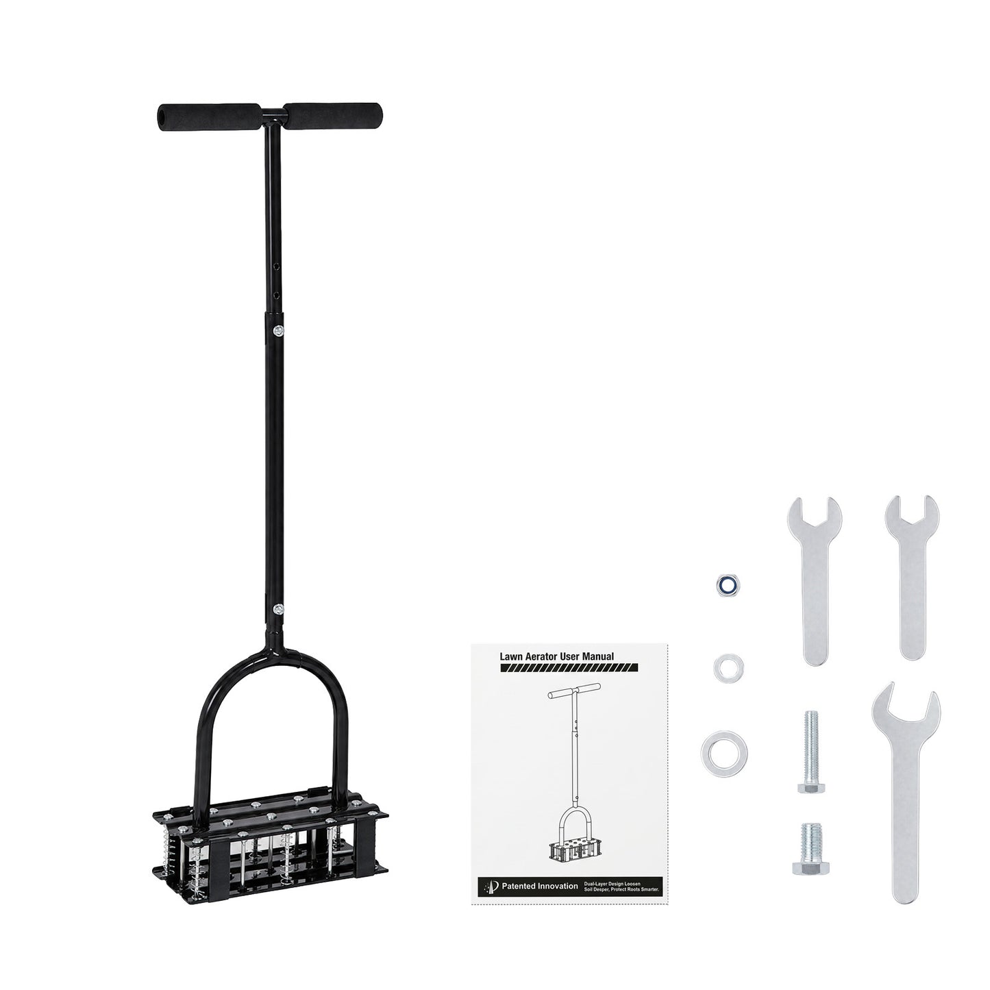 Lambu Lawn Aerator 15 Steel Spikes Adjustable Handle Deep Soil Tool Black