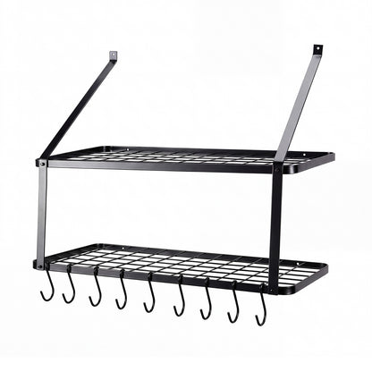 TOQUE Pot Pan Rack Wall Mounted Kitchen Shelf 2 Tier Storage Rack Metal 10 Hooks