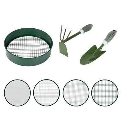 Garden Sieve Soil Sifter Set Metal 4 Mesh Inserts Shovel Hoe for Pots Green