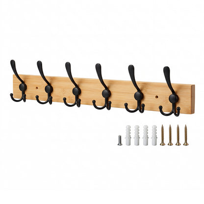 Levede Coat Rack Wall Mounted 6 Triple Hooks Holds Coats & Bags  Hallway Bamboo