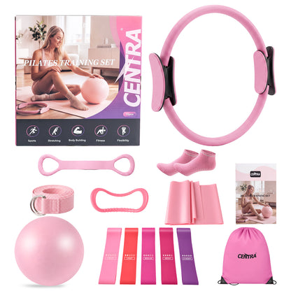 Centra Pilates Kit 13Pc All In One Set with Ring Ball Bands Home Workout Pink