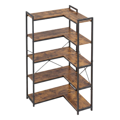 Levede Corner Bookcase 5-Tier L-Shaped Bookshelf Space-Saving Spice Walnut Black Metal