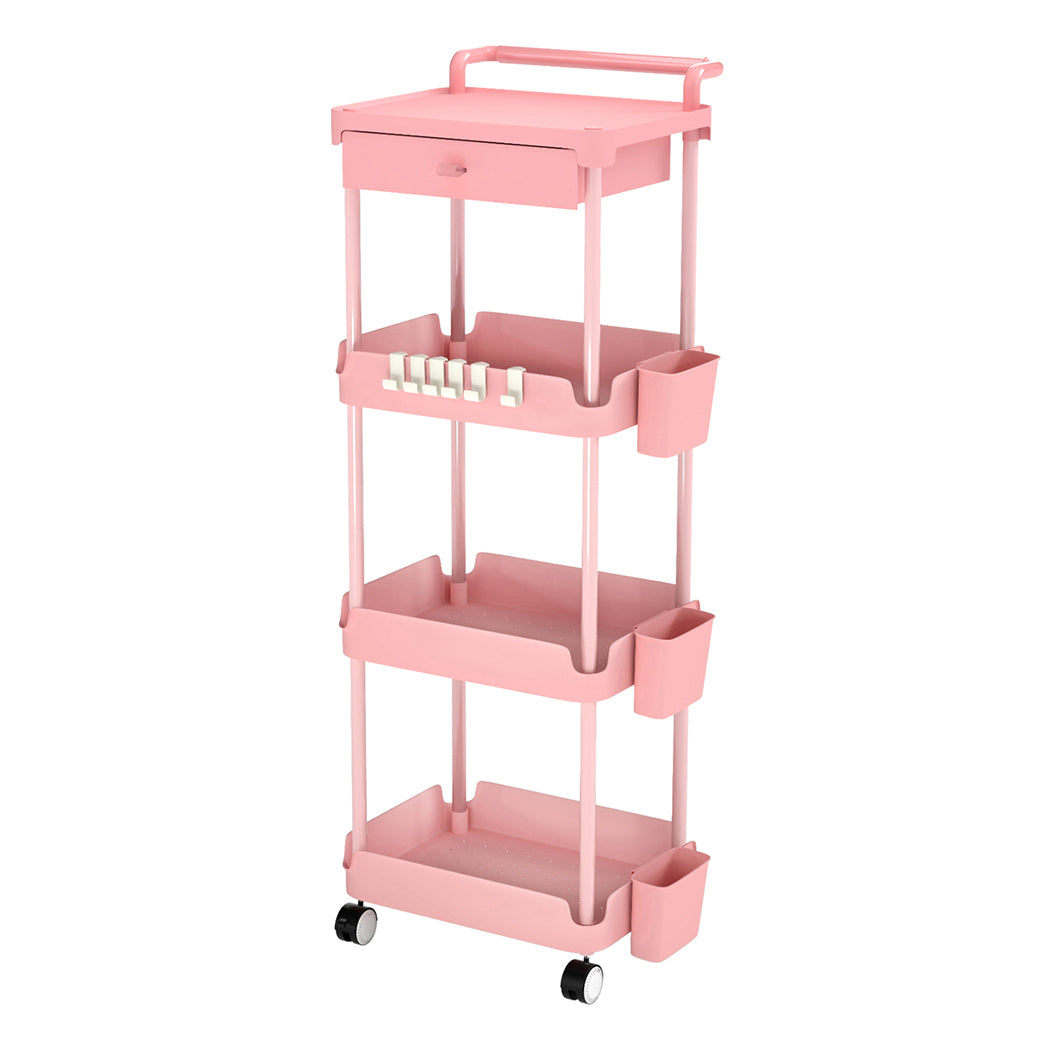 Levede Metal Storage Trolley on Wheels 3/4 Tier with Drawer Pink Rolling Cart