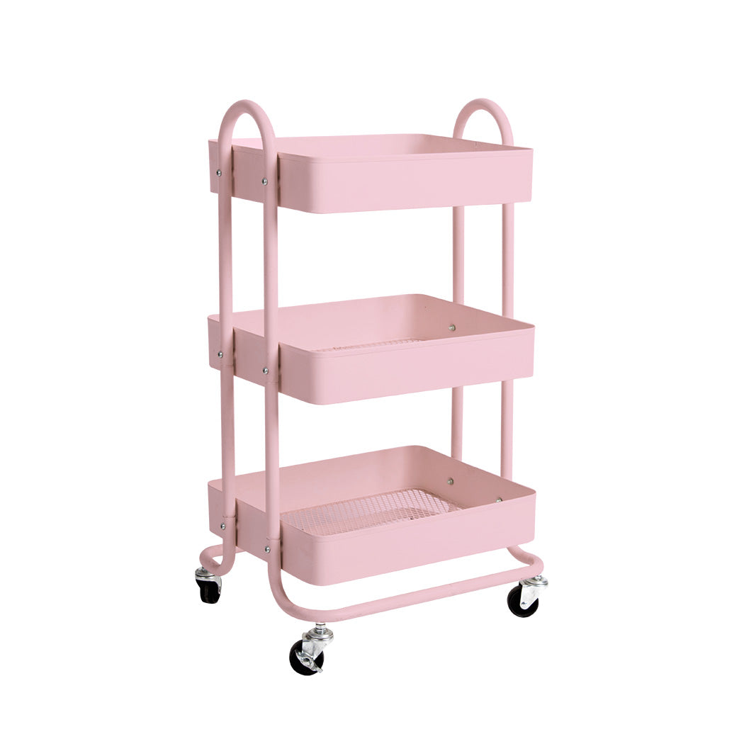 Levede 3 Tiers Kitchen Trolley Cart Steel Storage Rack Shelf Organiser Pink