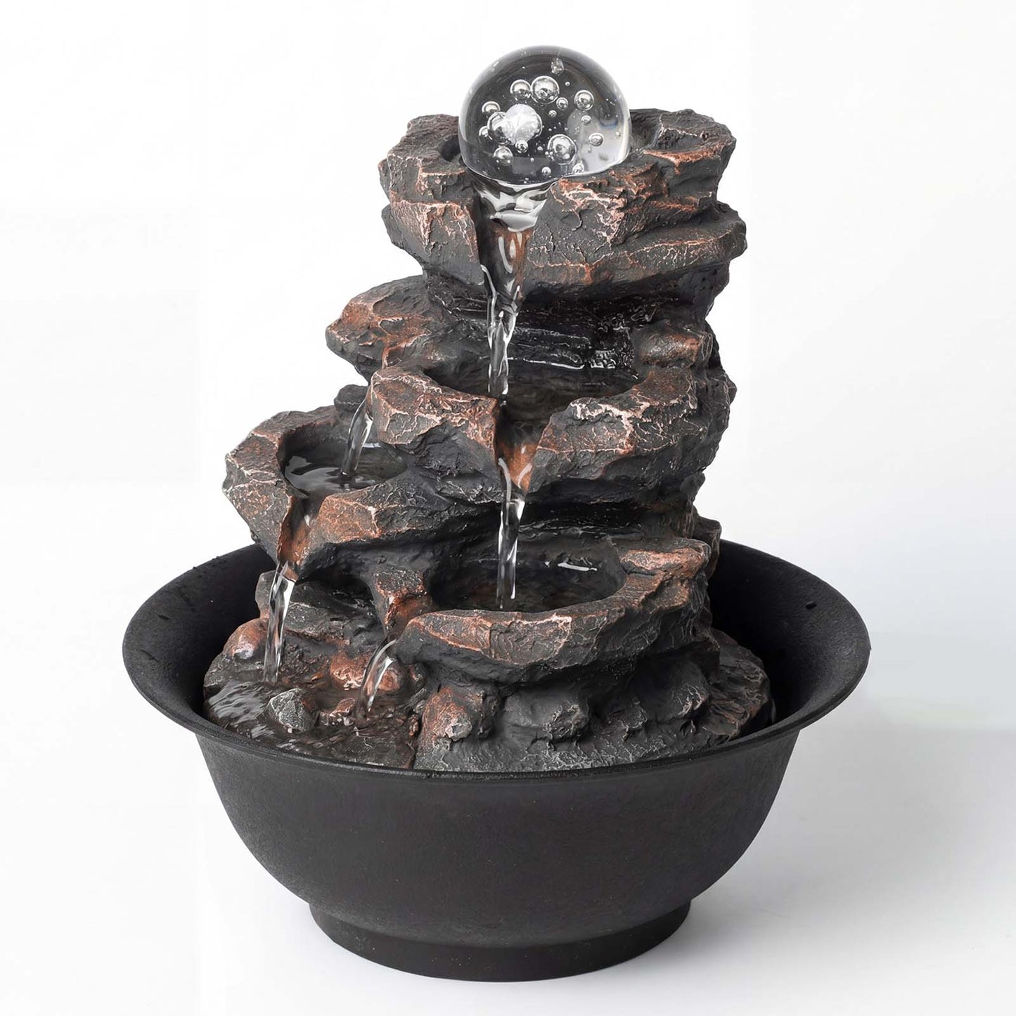 Spector Water Fountain Tabletop Glass Ball Feature 3-Speed Flow Resin Rock Brown