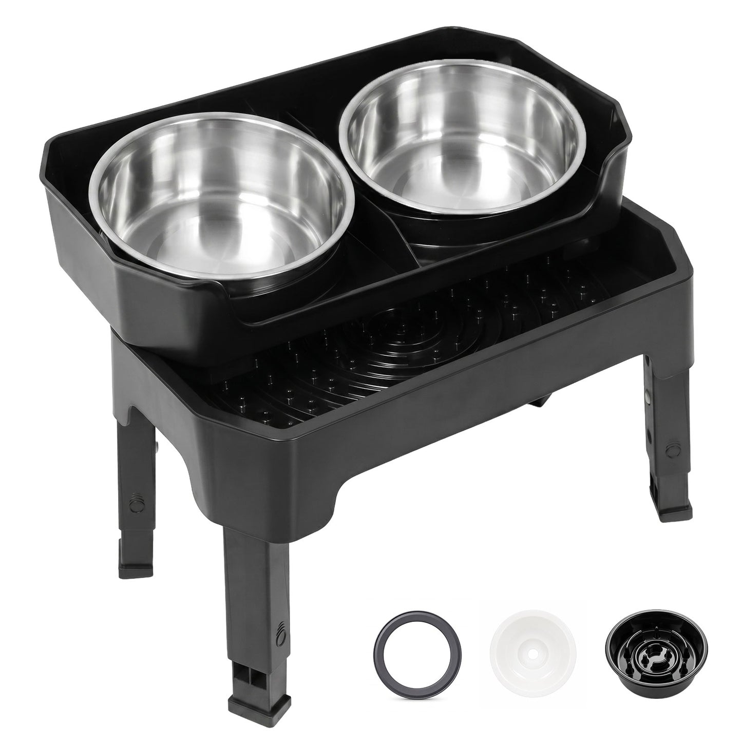 Skylos Raised Dog Bowl 4-Height Adjustable Feeding Station Full Set 1600ml Black