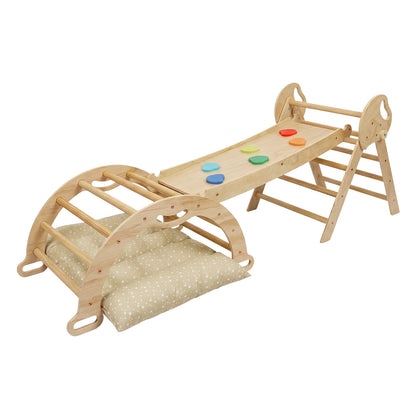 DEKKO 8 in 1 Triangle Climbing Set Kids Wooden Climber with Arch Slide Natural