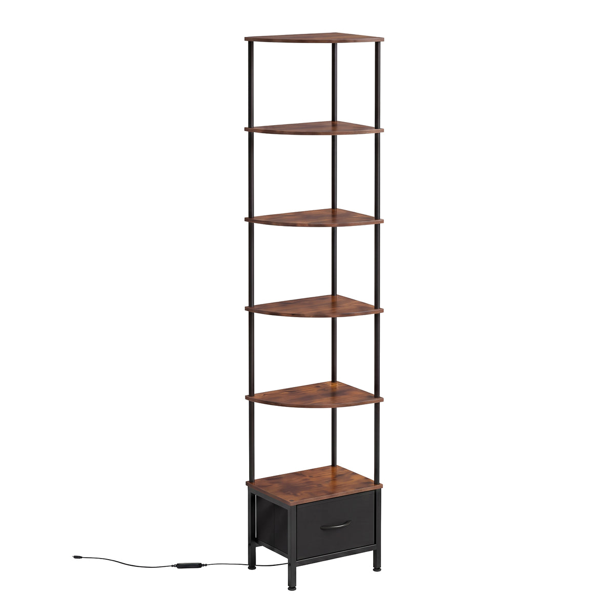 Levede Corner Bookcase Tall Corner Shelf Unit 6-Tier with LED Light Drawer Brown