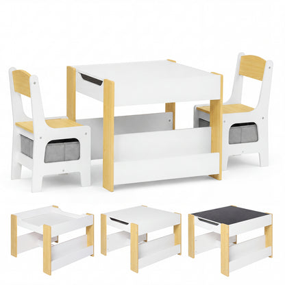 Dekko Kids Table and Chairs Set 2-in-1 Flip Top Storage Play Study Natural