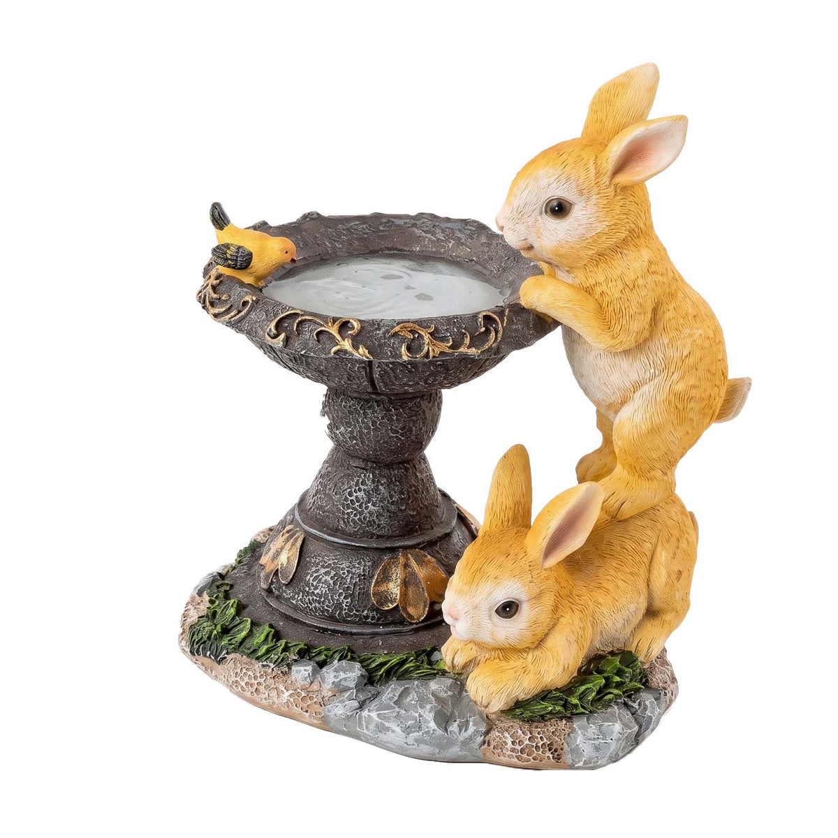 Emitto Garden Ornaments Outdoor Rabbit & Bird Solar Resin Artwork Bath For Patio