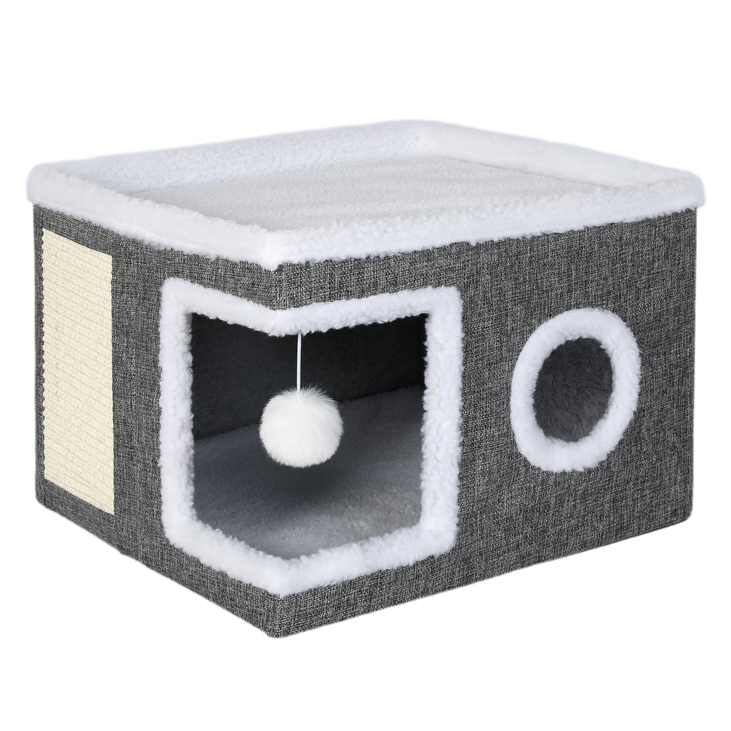 Skylos Cat House Indoor Cat Cave with Scratch Pad Fluffy Ball Pet Bed Foldable