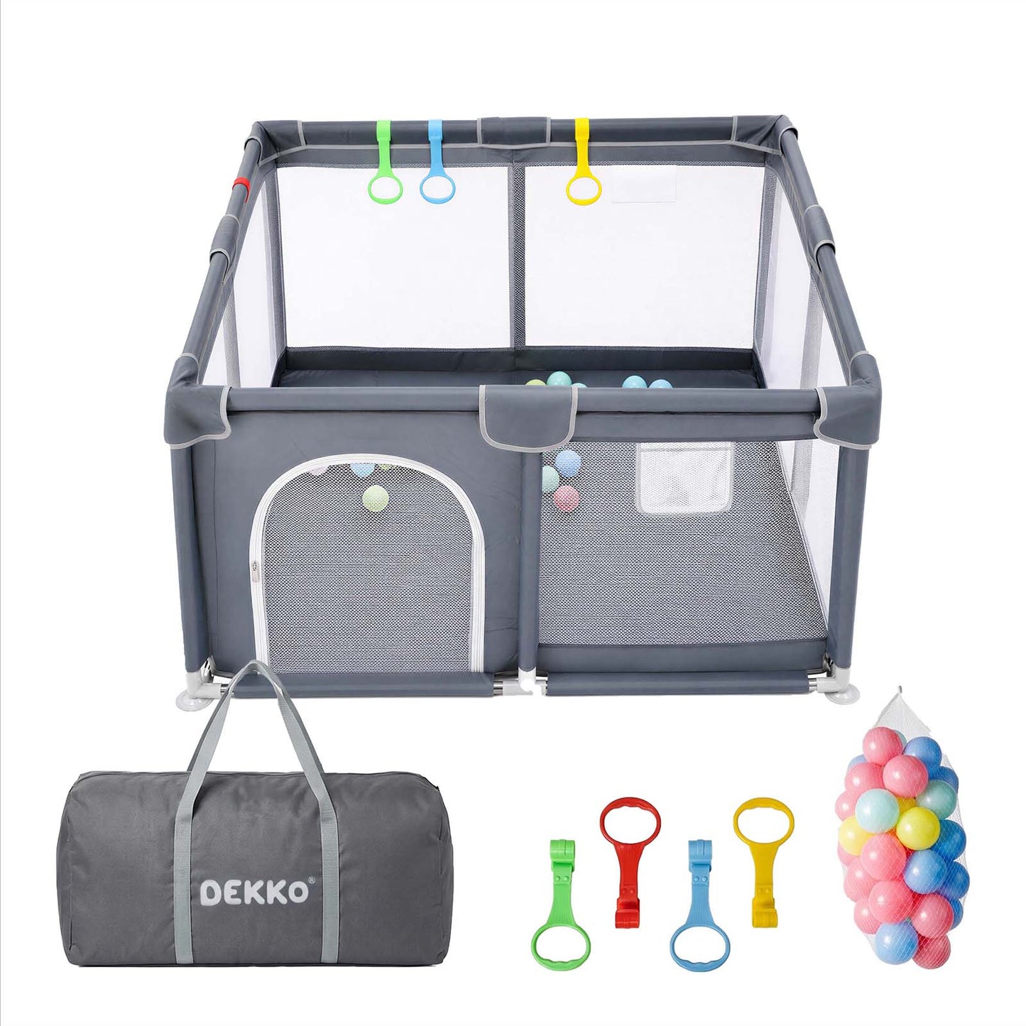 Dekko Baby Playpen 127x127cm Play Mat with 50 Ocean Balls Safe Easy Storage Grey