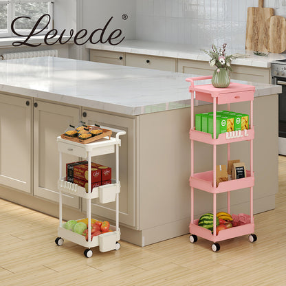 Levede Metal Storage Trolley on Wheels 3/4 Tier with Drawer Pink Rolling Cart