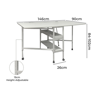 Levede Folding Sewing Table Craft Desk with Storage Lockable Wheels Adjustable
