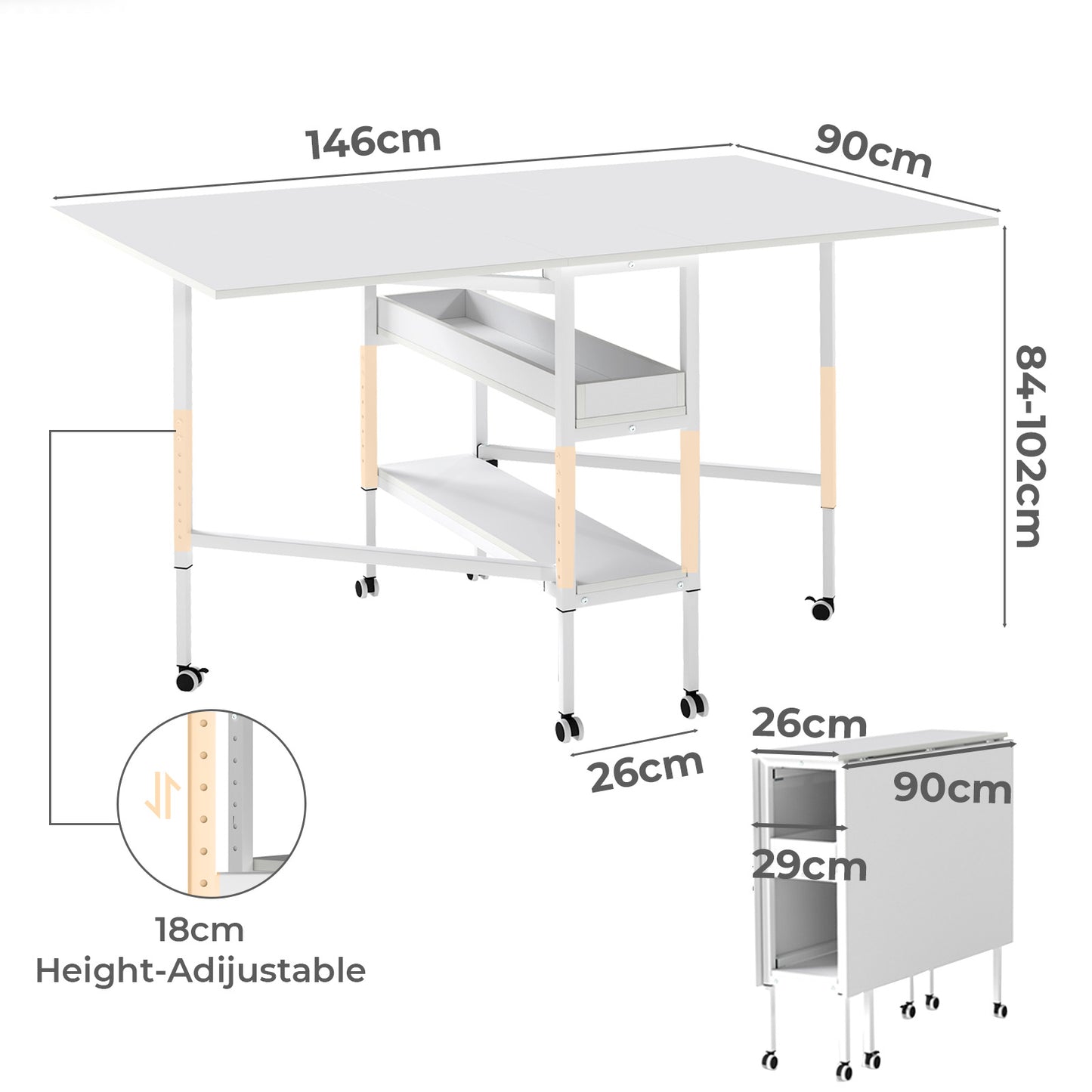 Levede Folding Sewing Table Craft Desk with Storage Lockable Wheels Adjustable