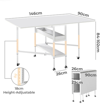Levede Folding Sewing Table Craft Desk with Storage Lockable Wheels Adjustable