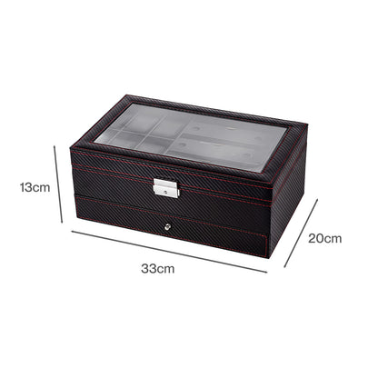 Watch Box Watch Storage Jewelry Box 2 Layer Glass Lid Lockable Display Black