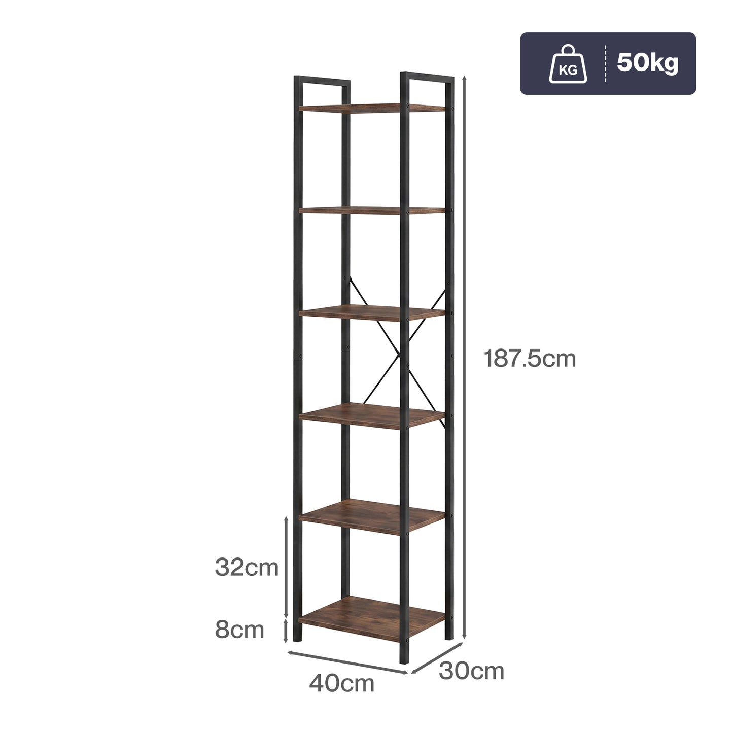 Levede Book Shelf 6-Tier Narrow Shelves Space-Saving Steel Bedroom Walnut Brown