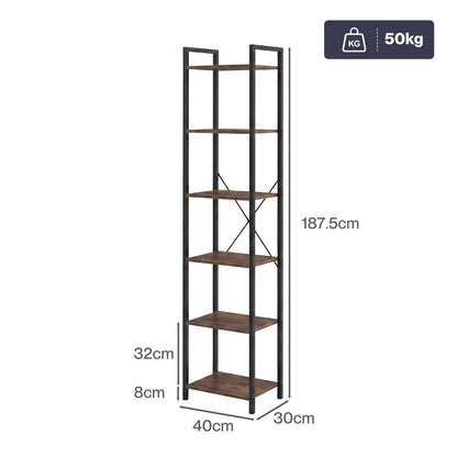 Levede Book Shelf 6-Tier Narrow Shelves Space-Saving Steel Bedroom Walnut Brown