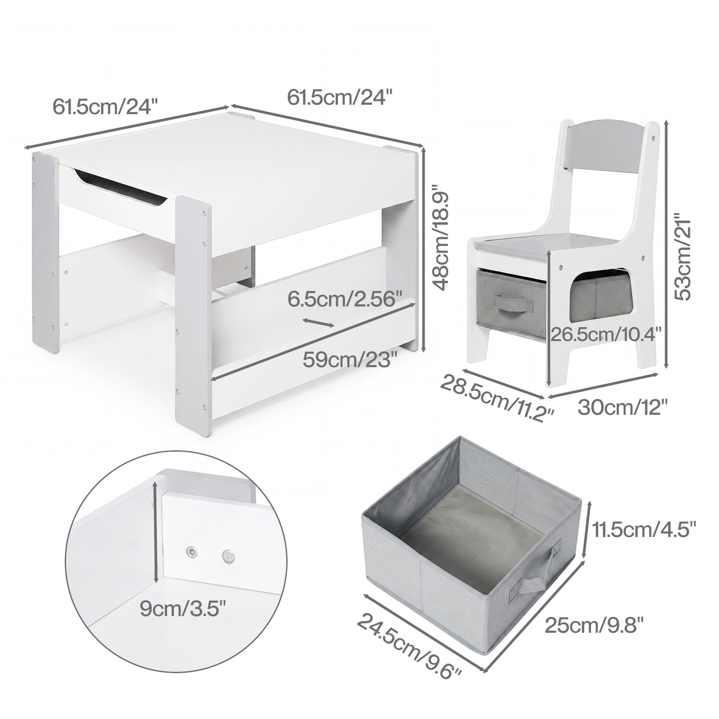 Dekko Kids Table and Chairs Set 2-in-1 Flip Top Storage Activity Play Study Grey