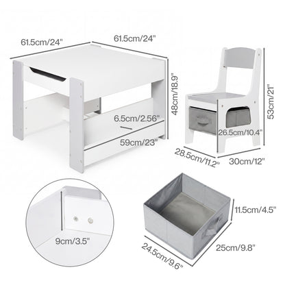 Dekko Kids Table and Chairs Set 2-in-1 Flip Top Storage Activity Play Study Grey